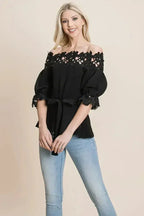 Lace Crochet Self Belted Off The Shoulder Tops with Back Zipper - SJB-DIAMOND ELITES