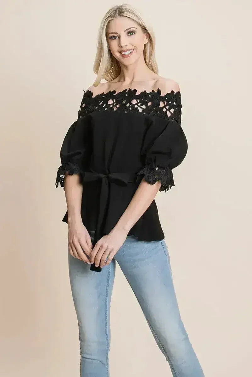 Lace Crochet Self Belted Off The Shoulder Tops with Back Zipper - SJB-DIAMOND ELITES