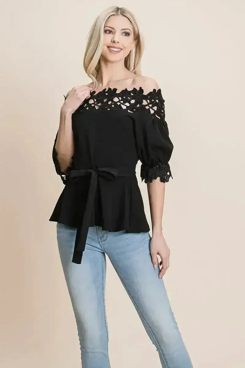 Lace Crochet Self Belted Off The Shoulder Tops with Back Zipper - SJB-DIAMOND ELITES