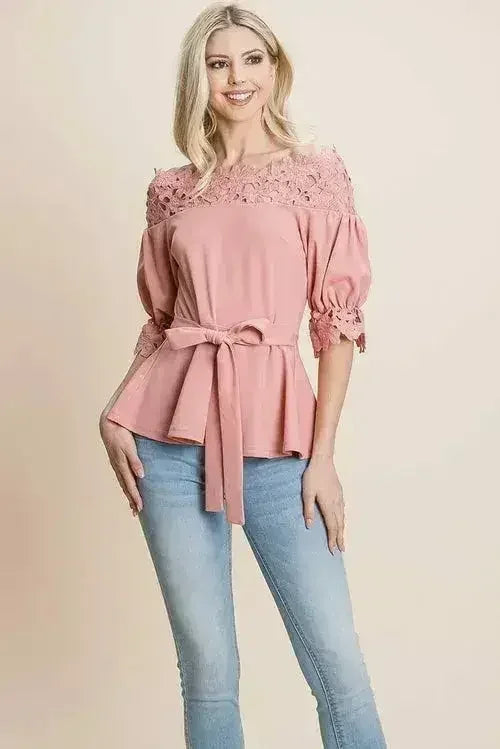 Lace Crochet Self Belted Off The Shoulder Tops with Back Zipper - SJB-DIAMOND ELITES