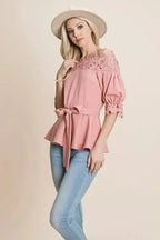 Lace Crochet Self Belted Off The Shoulder Tops with Back Zipper - SJB-DIAMOND ELITES