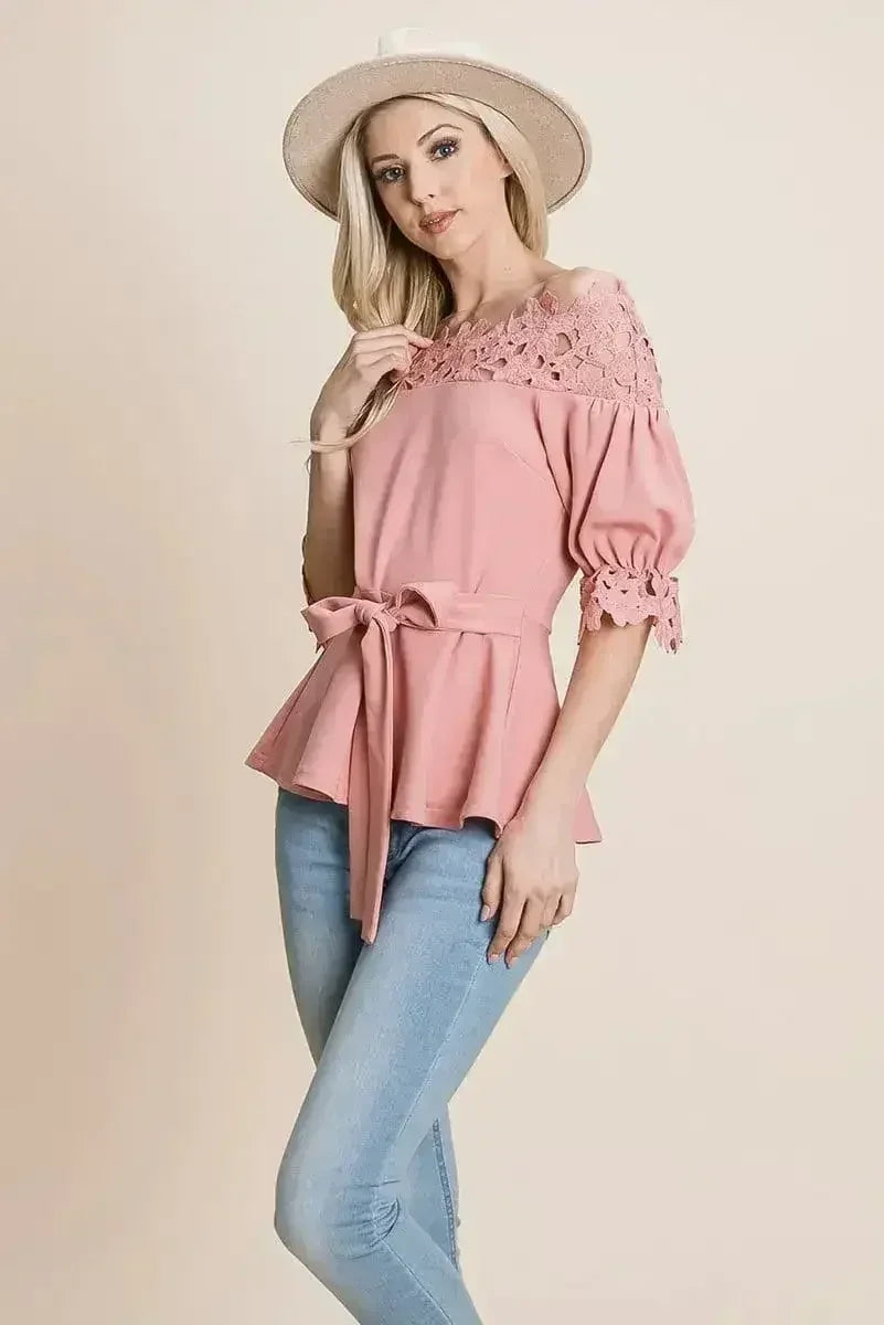 Lace Crochet Self Belted Off The Shoulder Tops with Back Zipper - SJB-DIAMOND ELITES