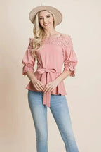 Lace Crochet Self Belted Off The Shoulder Tops with Back Zipper - SJB-DIAMOND ELITES