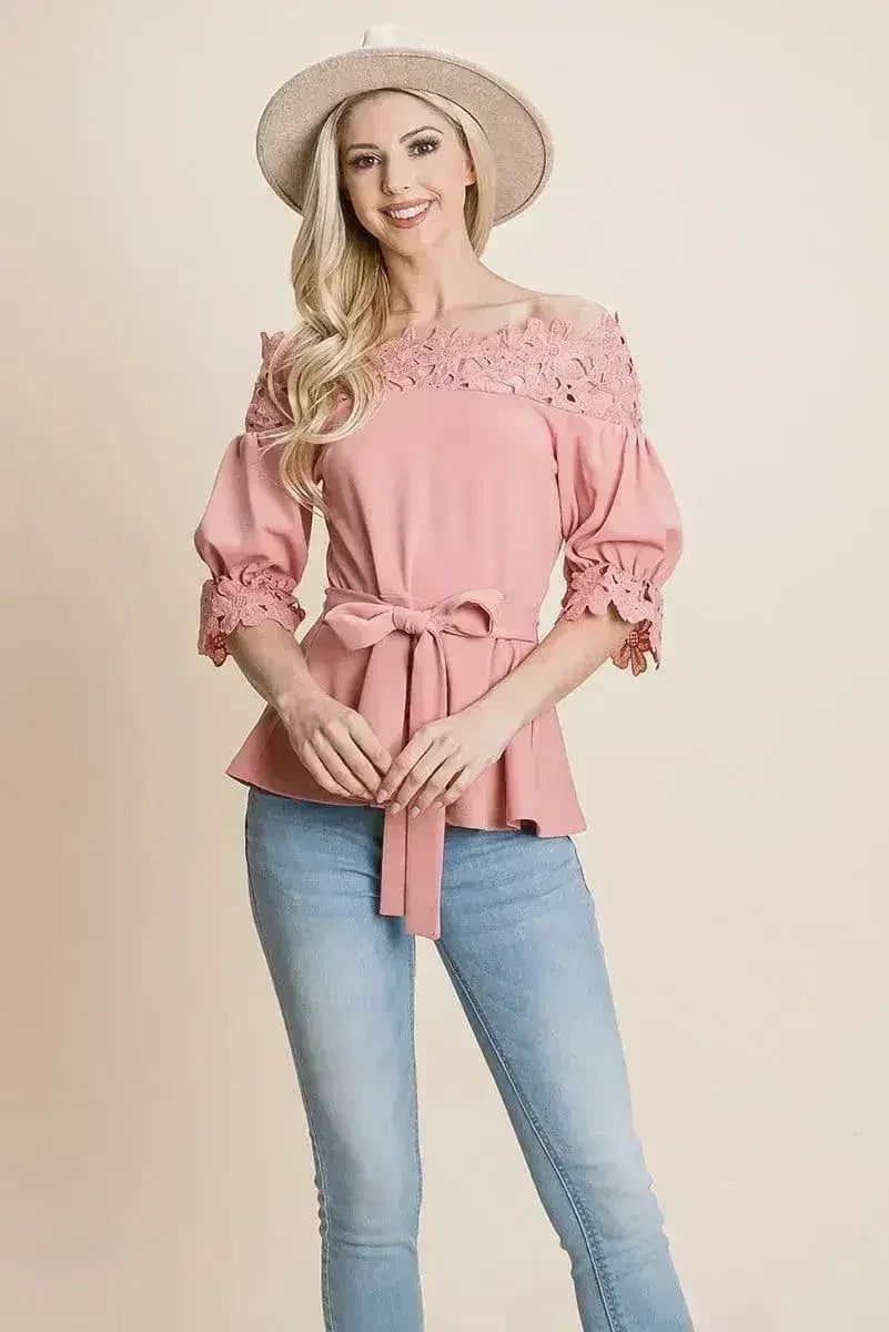 Lace Crochet Self Belted Off The Shoulder Tops with Back Zipper - SJB-DIAMOND ELITES