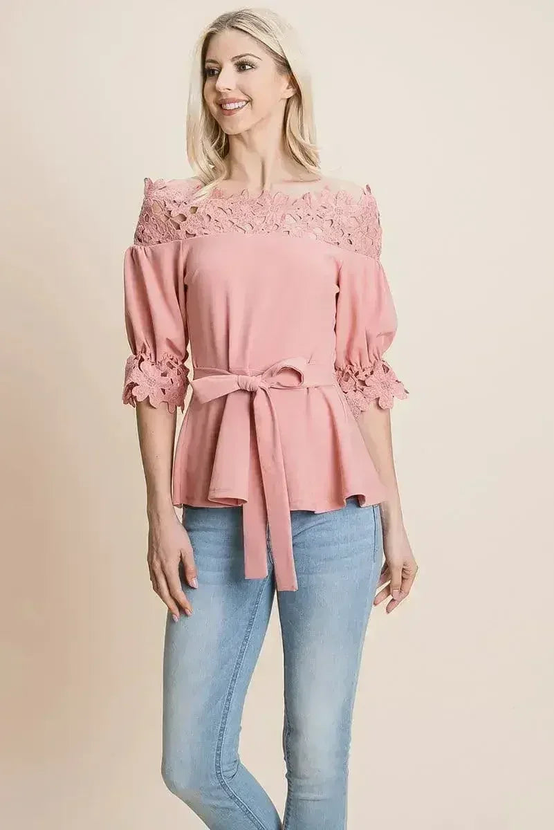 Lace Crochet Self Belted Off The Shoulder Tops with Back Zipper - SJB-DIAMOND ELITES