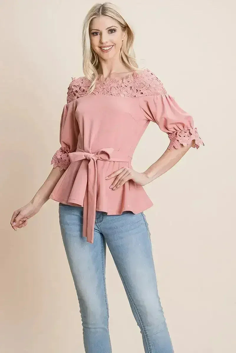 Lace Crochet Self Belted Off The Shoulder Tops with Back Zipper - SJB-DIAMOND ELITES