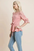 Lace Crochet Self Belted Off The Shoulder Tops with Back Zipper - SJB-DIAMOND ELITES