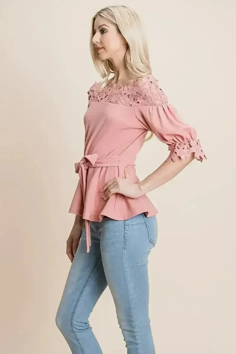 Lace Crochet Self Belted Off The Shoulder Tops with Back Zipper - SJB-DIAMOND ELITES