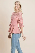 Lace Crochet Self Belted Off The Shoulder Tops with Back Zipper - SJB-DIAMOND ELITES