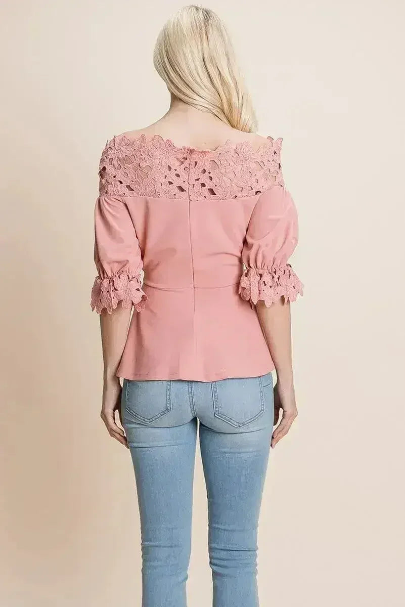 Lace Crochet Self Belted Off The Shoulder Tops with Back Zipper - SJB-DIAMOND ELITES
