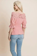 Lace Crochet Self Belted Off The Shoulder Tops with Back Zipper - SJB-DIAMOND ELITES