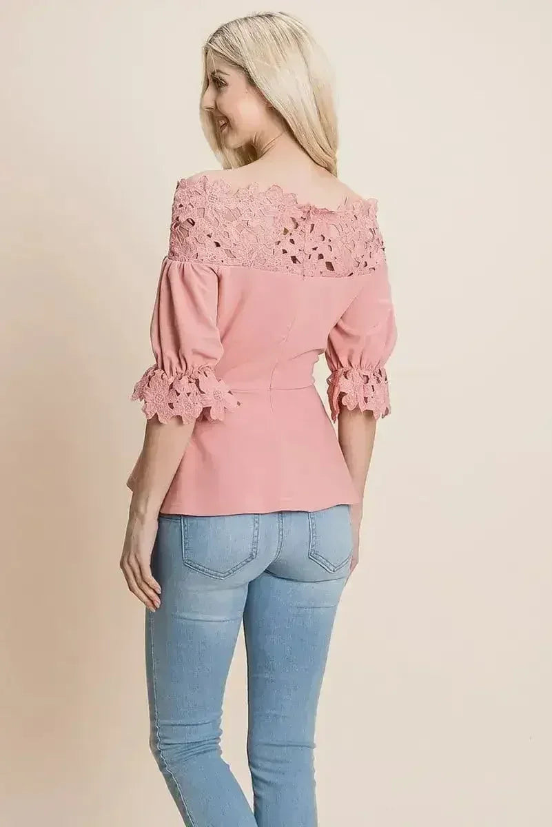 Lace Crochet Self Belted Off The Shoulder Tops with Back Zipper - SJB-DIAMOND ELITES