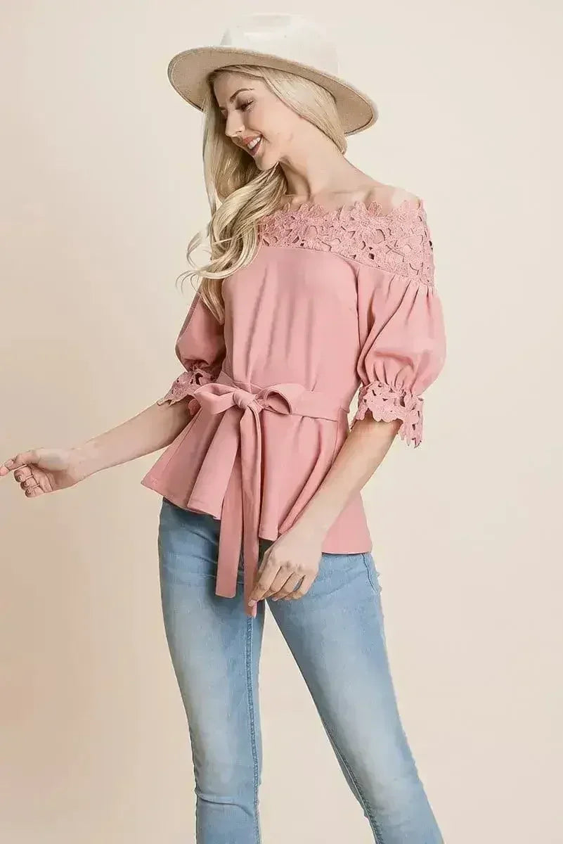Lace Crochet Self Belted Off The Shoulder Tops with Back Zipper - SJB-DIAMOND ELITES