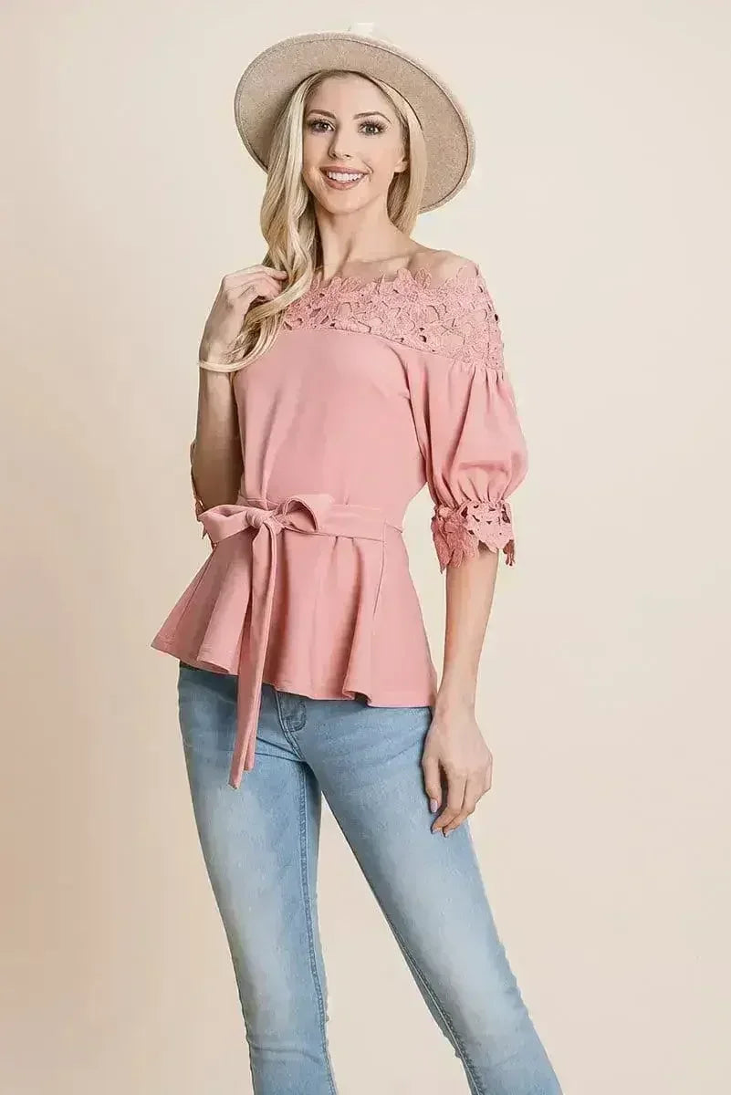 Lace Crochet Self Belted Off The Shoulder Tops with Back Zipper - SJB-DIAMOND ELITES