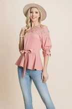 Lace Crochet Self Belted Off The Shoulder Tops with Back Zipper - SJB-DIAMOND ELITES