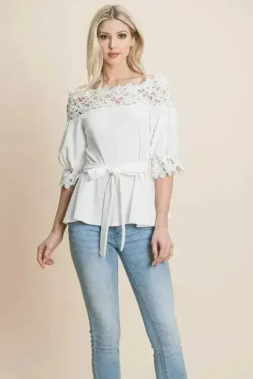 Lace Crochet Self Belted Off The Shoulder Tops with Back Zipper - SJB-DIAMOND ELITES