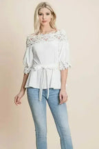 Lace Crochet Self Belted Off The Shoulder Tops with Back Zipper - SJB-DIAMOND ELITES