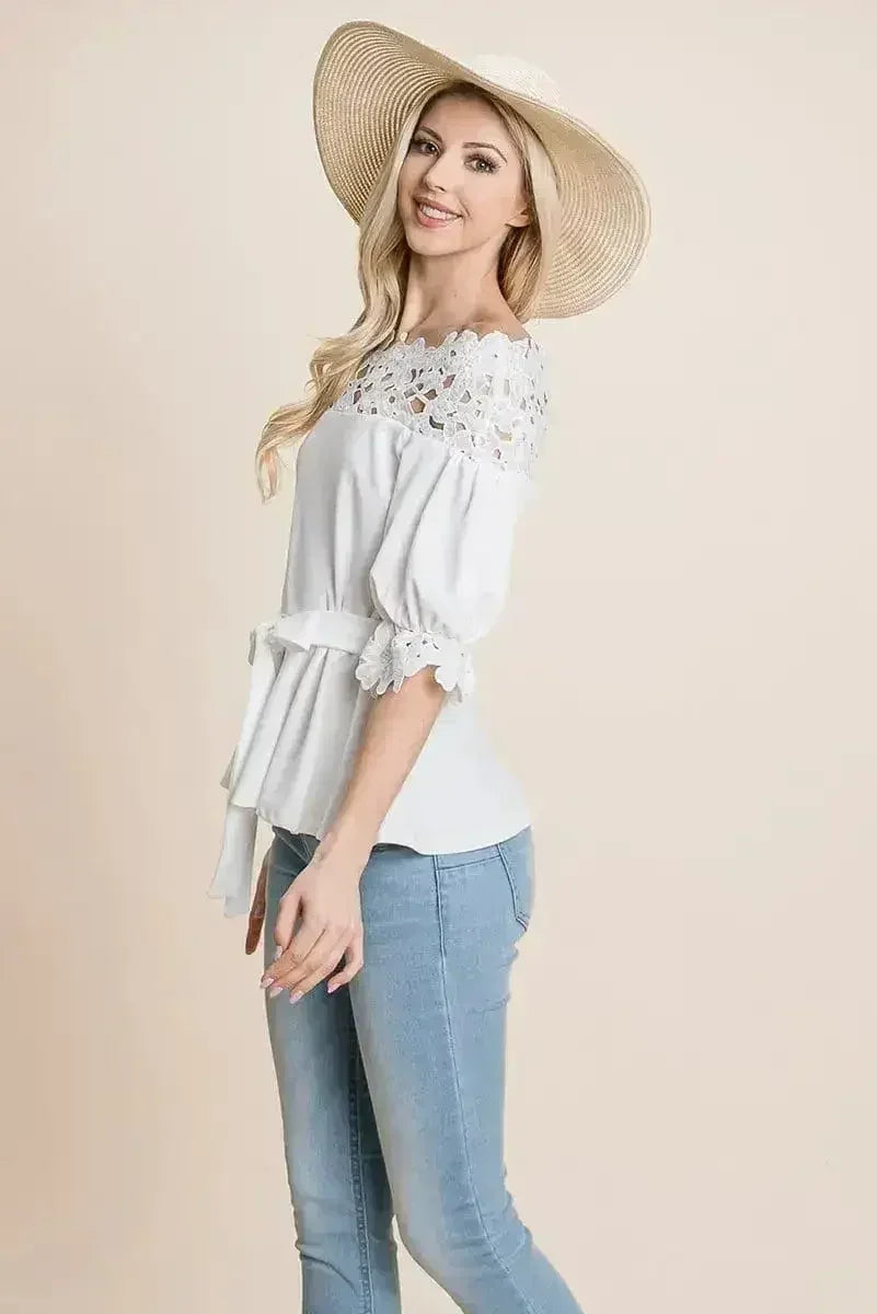 Lace Crochet Self Belted Off The Shoulder Tops with Back Zipper - SJB-DIAMOND ELITES