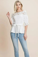 Lace Crochet Self Belted Off The Shoulder Tops with Back Zipper - SJB-DIAMOND ELITES