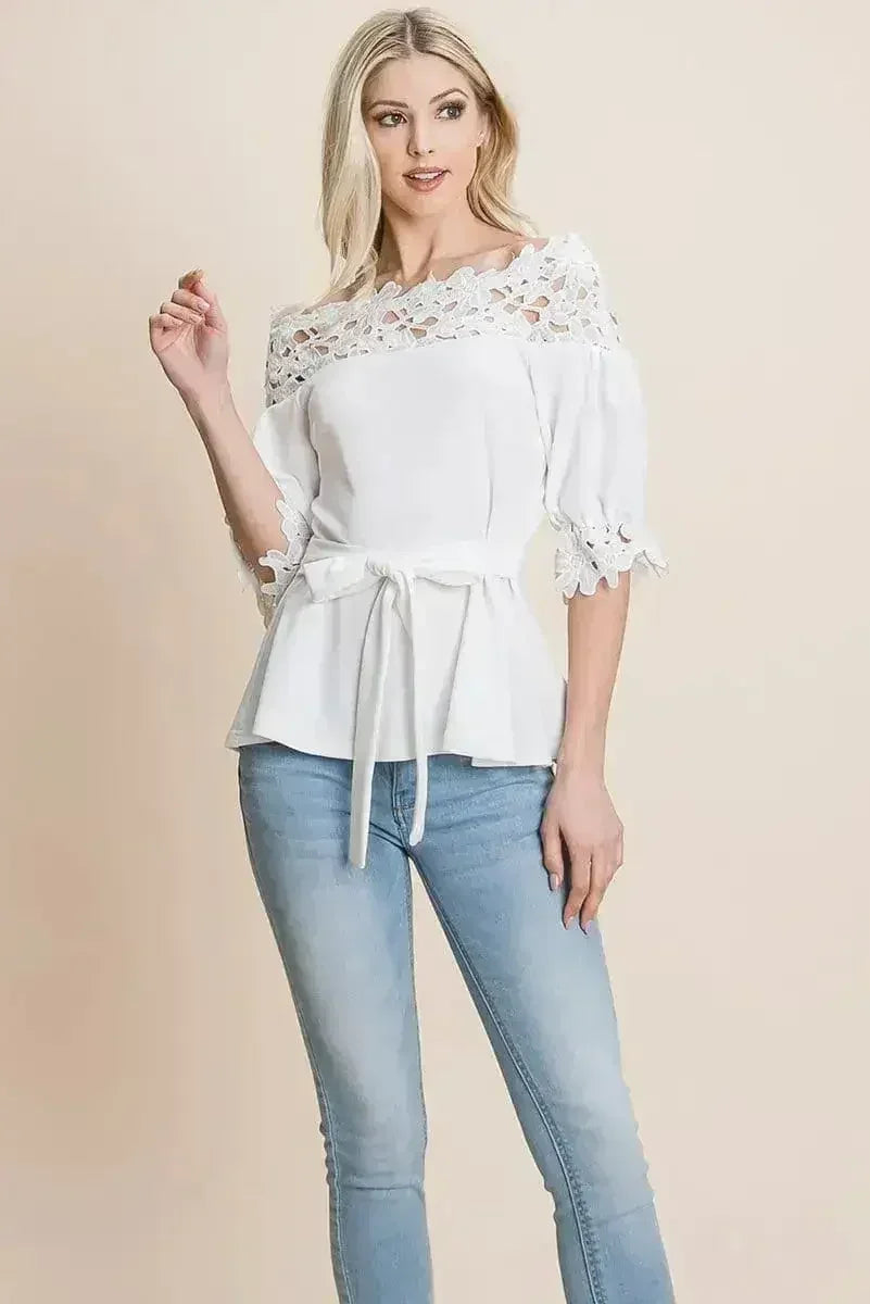 Lace Crochet Self Belted Off The Shoulder Tops with Back Zipper - SJB-DIAMOND ELITES