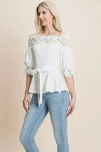 Lace Crochet Self Belted Off The Shoulder Tops with Back Zipper - SJB-DIAMOND ELITES
