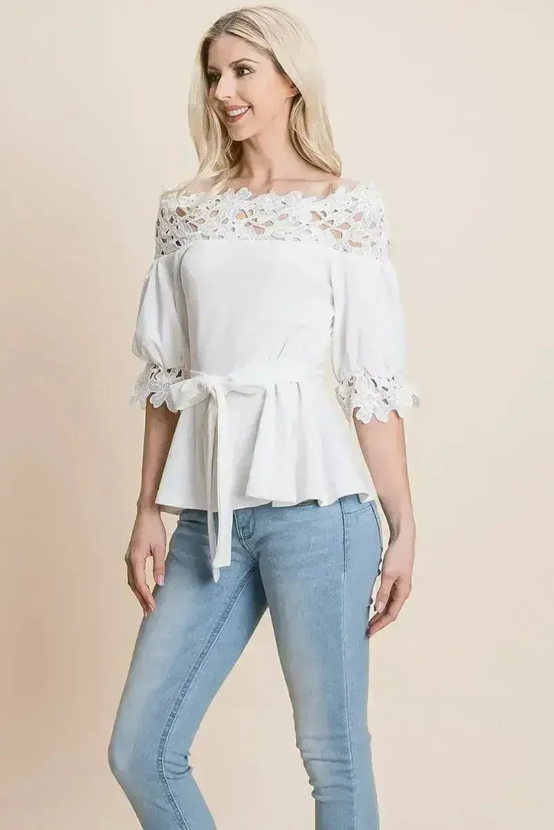 Lace Crochet Self Belted Off The Shoulder Tops with Back Zipper - SJB-DIAMOND ELITES