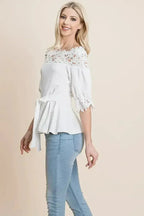 Lace Crochet Self Belted Off The Shoulder Tops with Back Zipper - SJB-DIAMOND ELITES