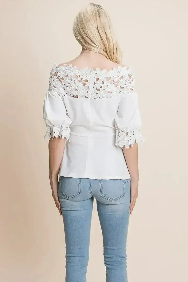 Lace Crochet Self Belted Off The Shoulder Tops with Back Zipper - SJB-DIAMOND ELITES