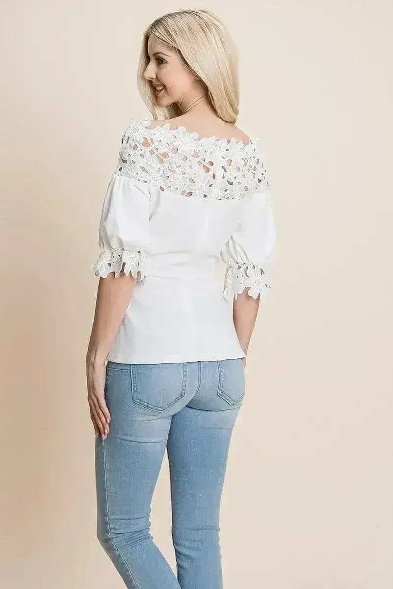 Lace Crochet Self Belted Off The Shoulder Tops with Back Zipper - SJB-DIAMOND ELITES