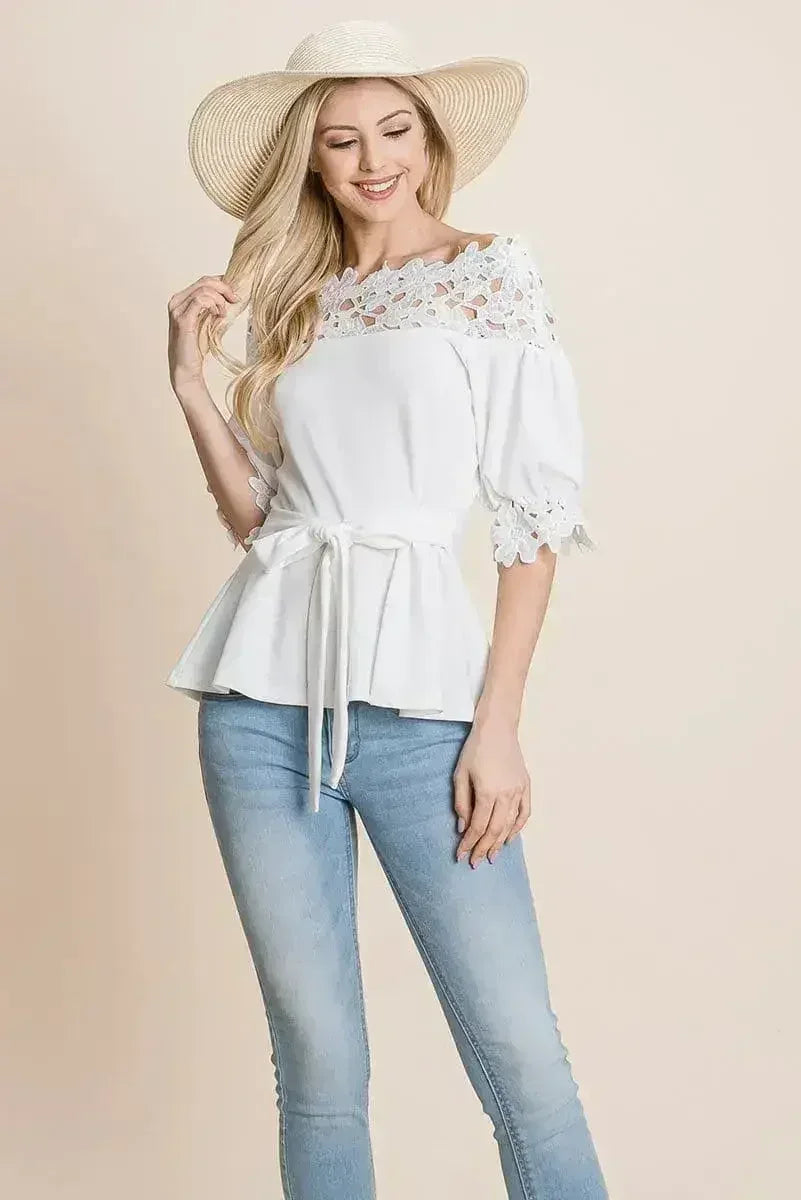 Lace Crochet Self Belted Off The Shoulder Tops with Back Zipper - SJB-DIAMOND ELITES
