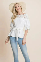 Lace Crochet Self Belted Off The Shoulder Tops with Back Zipper - SJB-DIAMOND ELITES
