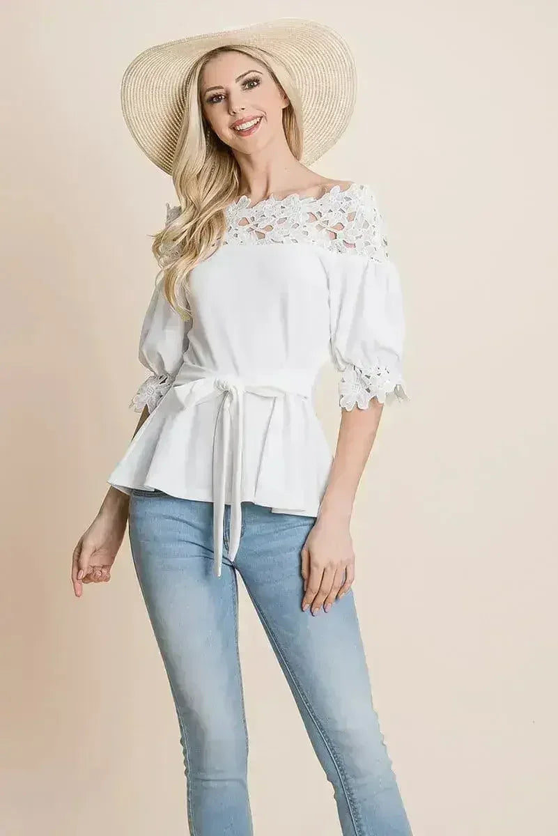 Lace Crochet Self Belted Off The Shoulder Tops with Back Zipper - SJB-DIAMOND ELITES