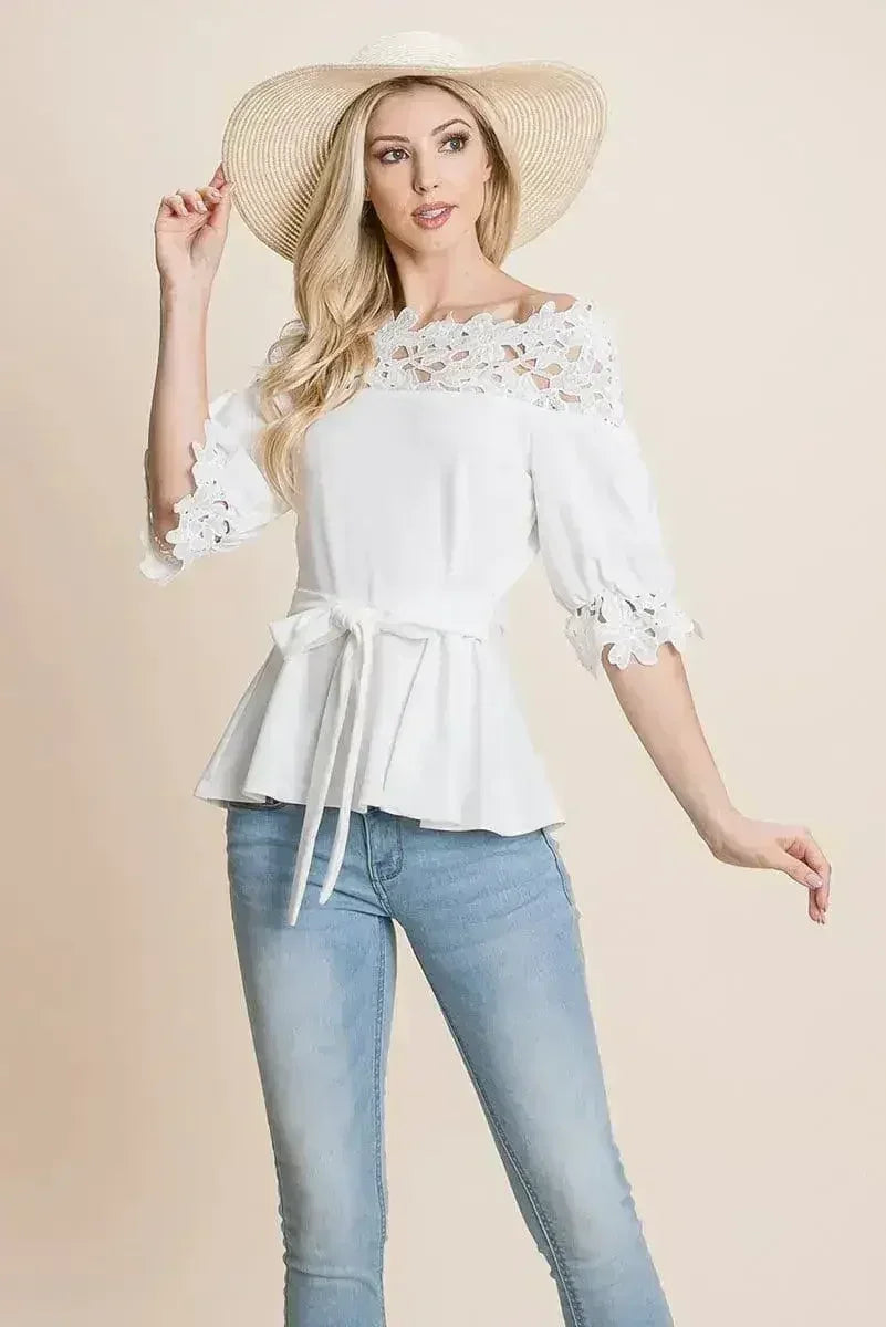 Lace Crochet Self Belted Off The Shoulder Tops with Back Zipper - SJB-DIAMOND ELITES