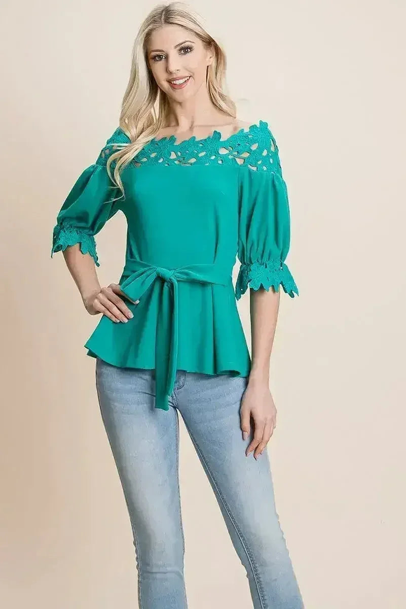 Lace Crochet Self Belted Off The Shoulder Tops with Back Zipper - SJB-DIAMOND ELITES