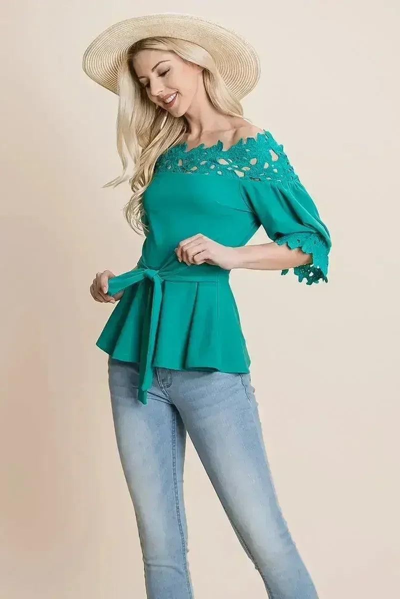 Lace Crochet Self Belted Off The Shoulder Tops with Back Zipper - SJB-DIAMOND ELITES