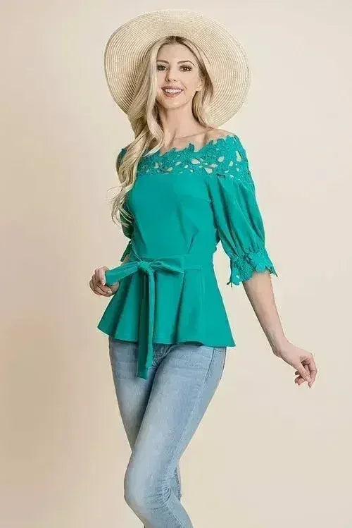 Lace Crochet Self Belted Off The Shoulder Tops with Back Zipper - SJB-DIAMOND ELITES