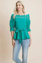 Lace Crochet Self Belted Off The Shoulder Tops with Back Zipper - SJB-DIAMOND ELITES