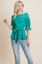Lace Crochet Self Belted Off The Shoulder Tops with Back Zipper - SJB-DIAMOND ELITES