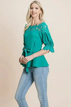 Lace Crochet Self Belted Off The Shoulder Tops with Back Zipper - SJB-DIAMOND ELITES