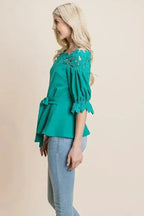 Lace Crochet Self Belted Off The Shoulder Tops with Back Zipper - SJB-DIAMOND ELITES