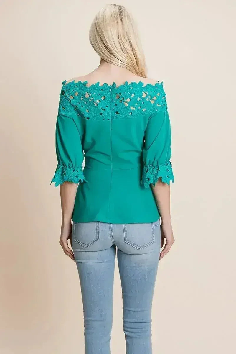 Lace Crochet Self Belted Off The Shoulder Tops with Back Zipper - SJB-DIAMOND ELITES
