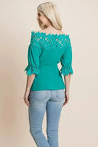 Lace Crochet Self Belted Off The Shoulder Tops with Back Zipper - SJB-DIAMOND ELITES