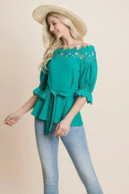 Lace Crochet Self Belted Off The Shoulder Tops with Back Zipper - SJB-DIAMOND ELITES