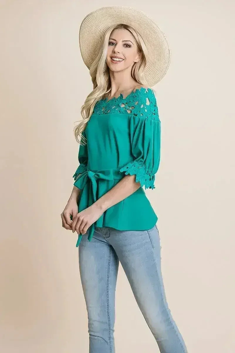 Lace Crochet Self Belted Off The Shoulder Tops with Back Zipper - SJB-DIAMOND ELITES