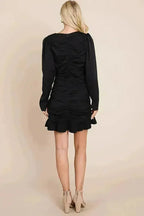 ong Sleeve Ruched Frill Hem Mini Dress