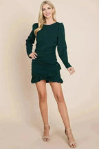 ong Sleeve Ruched Frill Hem Mini Dress
