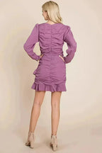 ong Sleeve Ruched Frill Hem Mini Dress