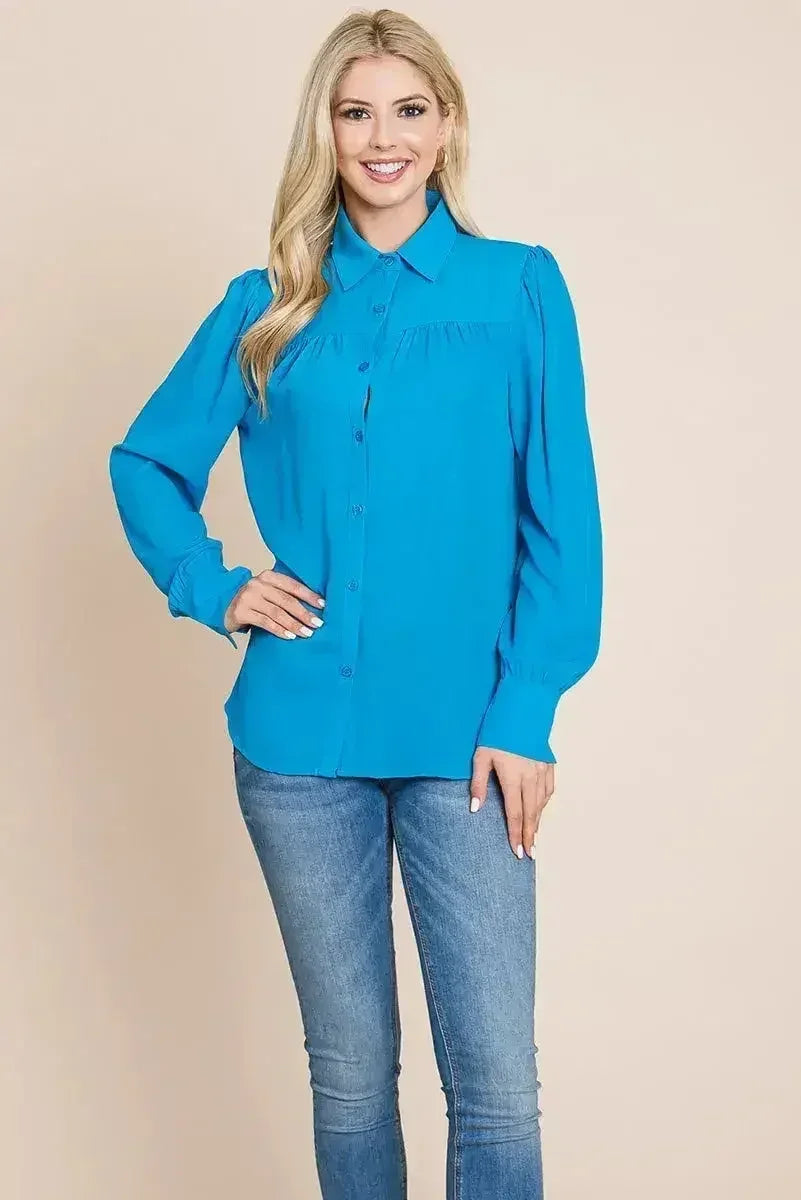 Collared Long Sleeve Pleated Detail Blouse Tops | Femstylo - SJB-DIAMOND ELITES