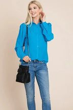 Collared Long Sleeve Pleated Detail Blouse Tops | Femstylo - SJB-DIAMOND ELITES