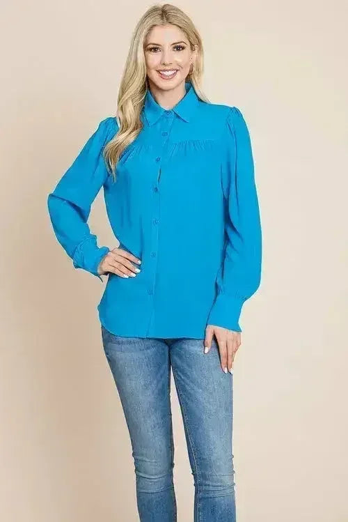 Collared Long Sleeve Pleated Detail Blouse Tops | Femstylo - SJB-DIAMOND ELITES